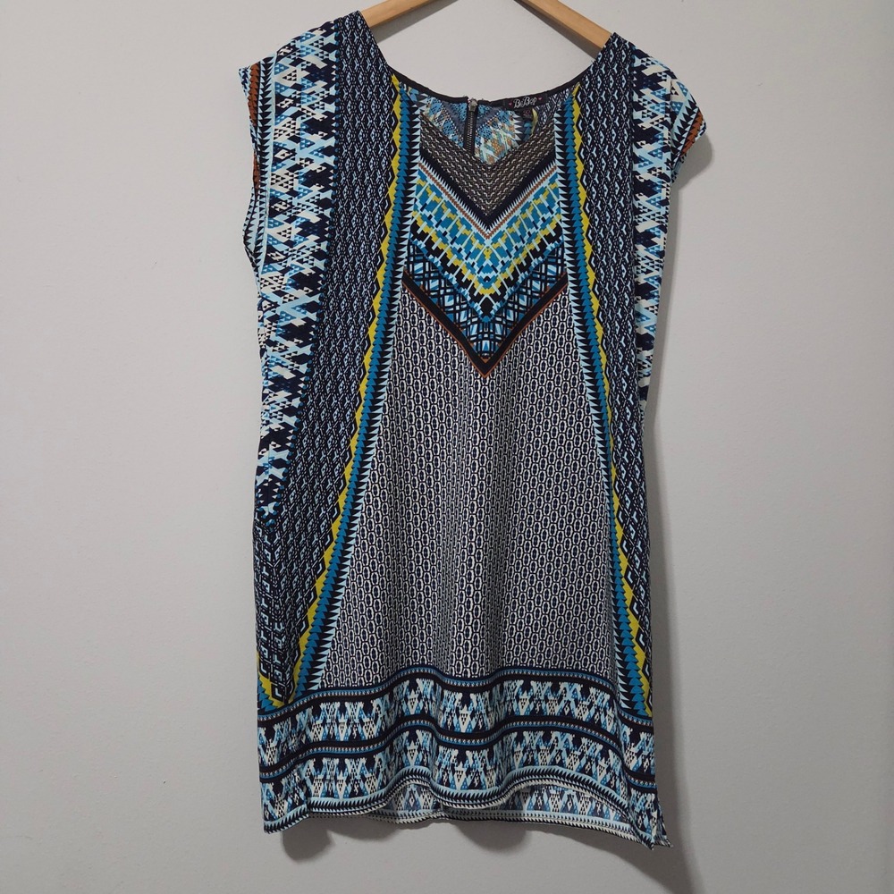 BeBop Womens Blue Geometric Tribal Print Sleeveless Shift‎ Mini Dress Large